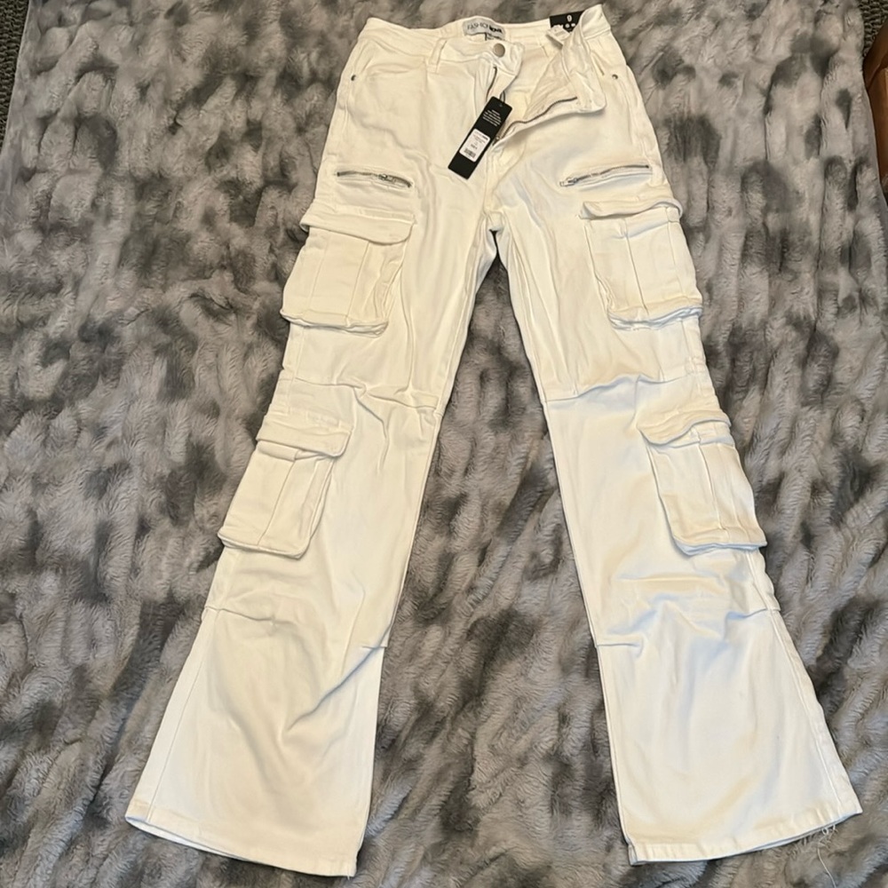 Fashion Nova White Cargo Flare Bottom, NWT, Size 9
